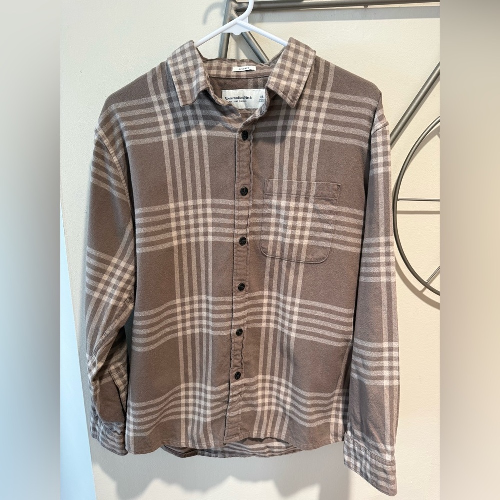 Abercrombie & Fitch Tan & Brown Plaid Flannel Shirt Soft A&F Size XS Cottagecore